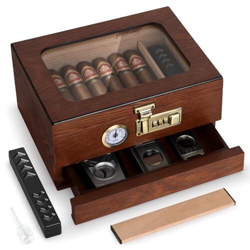Brown Tesonway Cigar Humidor, Cedar Wood Humidor Cigar Box, Glass Top De... - $65.33