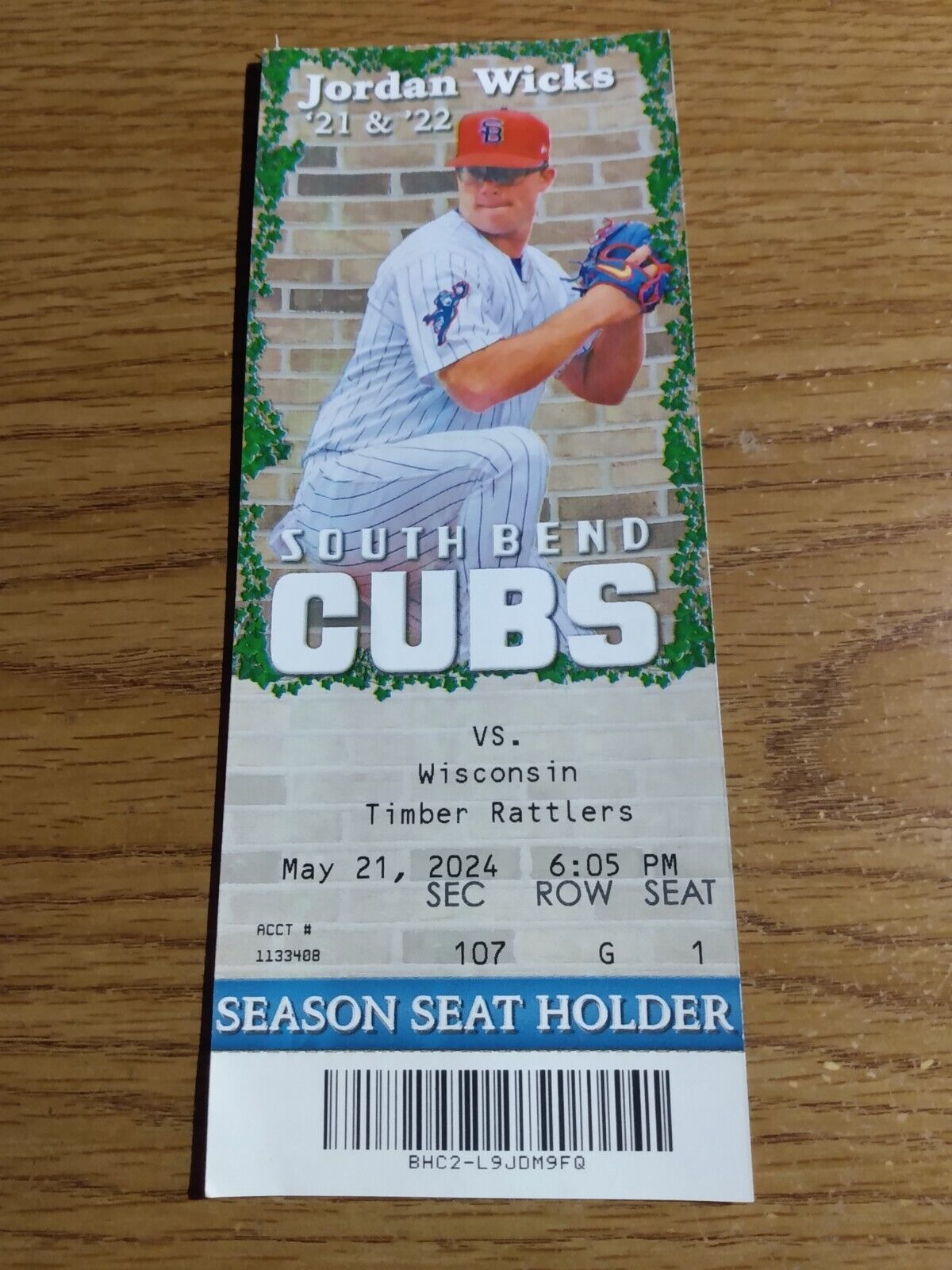 2024 South Bend A+ League Baseball Ticket Cubs Top Prospect Jordan Wicks - $1.75
