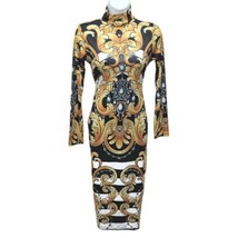 Baroque Print Bodycon Long Sleeve Knee Length Dress Womens Size Large Black Gold - £13.30 GBP