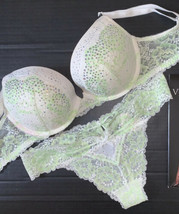 Victoria&#39;s Secret 32DD,34D Bra Set M Thong Green White Crystallized Dream Angels - £80.25 GBP