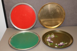 4 Trays, Red, Green, Brass Color, Handprinted with Purple Flowers (New) - £35.68 GBP