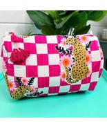 Cotton Quilted Makeup Cosmetic Bag Pink White Check Jaguars - $28.71