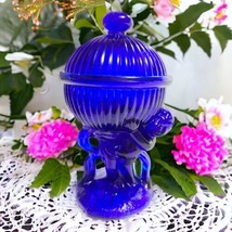 Vtg Cobalt Blue Glass Cherub Boy Holding Fluted Globe Lidded Candy Dish 6.25&quot; H - $19.80