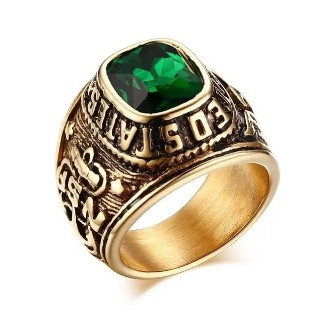 Mens Gold and Green Gemstone US Navy Style Ring - Patriotic Jewelry - 8 - $69.00