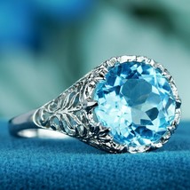 4.5 Ct. Natural Round Blue Topaz Vintage Style Ring in Solid 9K White Gold - £396.48 GBP