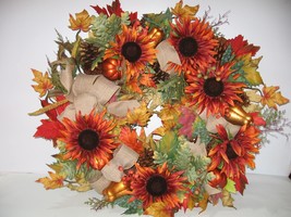 NEW Costco Fall Harvest Sunflowers Pumpkins 30&quot; Orange Indoor Door Wreath - £55.68 GBP