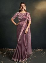 Beautiful Purple Sequence And Appliqu Embroidery Wedding Saree - £91.81 GBP