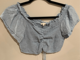 Cropped Shirred Peasant Top-Love Tree-Blue Rayon Cap Sleeves EUC Womens ... - $12.38