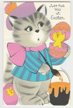 Vintage Easter Card Cat Paints Egg Chick American Greetings Unused With Envelope - $9.89