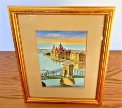 Vintage Watercolor Print City Bridge Scape Signed by Artist Framed and M... - $54.99