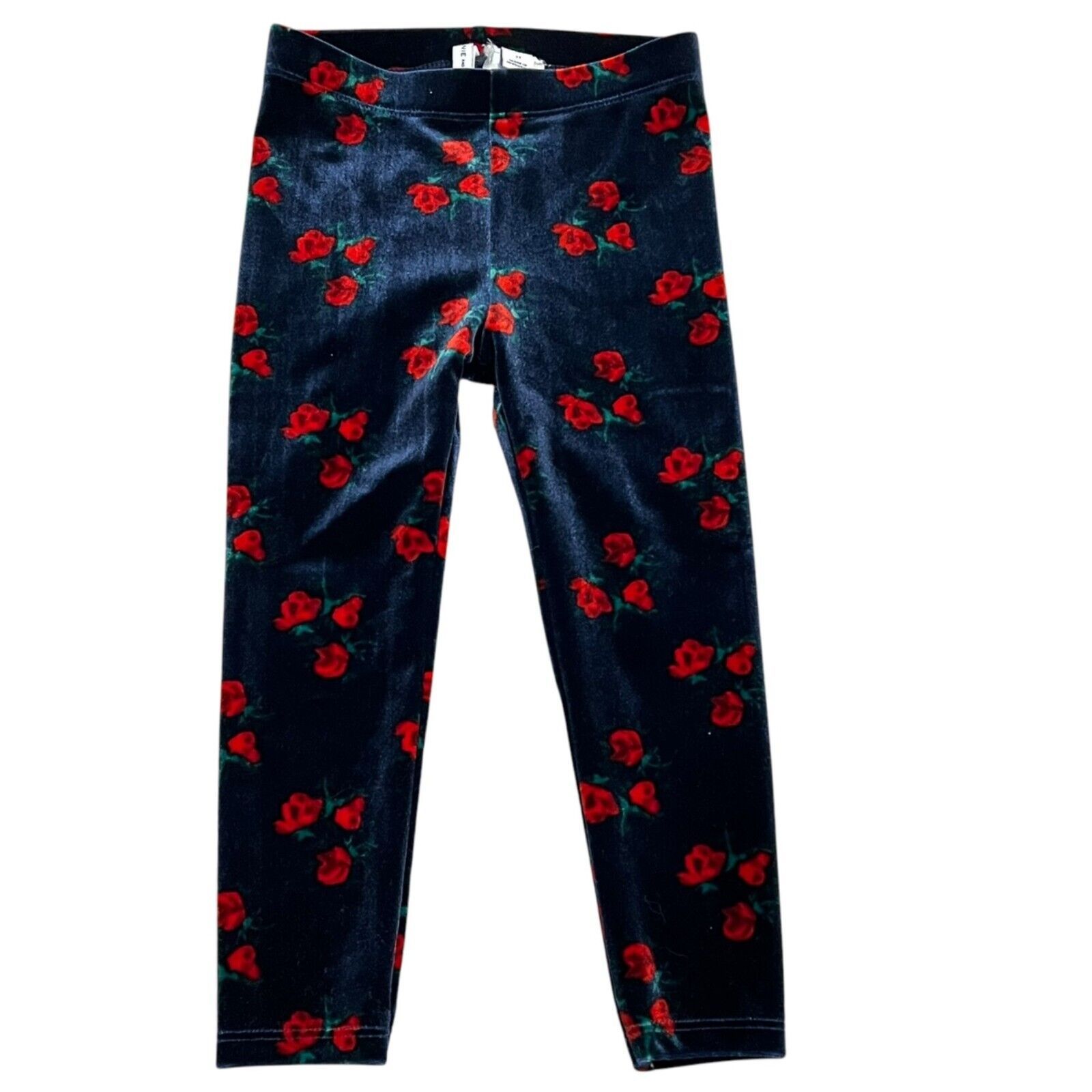 Janie and Jack Toddler Girls Velvet Leggings 2T Black &amp; Red Rose Pattern... - $14.40