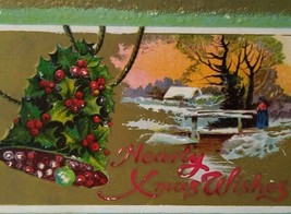 Christmas Postcard Poinsettia Covered Bell Countryside Cottage Vintage Embossed - £6.93 GBP