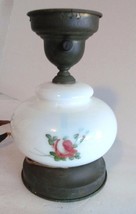 Antique Vintage Milk Glass Hurricane Lamp Hand Painted Rose Design 9&quot;T - £62.27 GBP