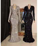 Partysix Women Gray V Neck Long Sleeve Sequin Dress Elegant Evening Dres... - £104.34 GBP