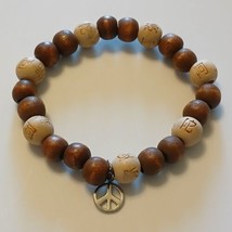 Peace Symbol Kanji Charm Brown Cream Wooden Stretch Bracelet - £11.47 GBP