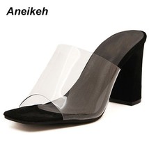 Aneikeh 2021 PVC Summer Sandals Shallow Rome Square Heel Ladies Thick Sandals Fa - £27.88 GBP