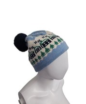 Vintage Mountain Ladies &amp; Ewe Wool Knit Beannie Ski  Pom Pom hat Blue Houses - £23.88 GBP