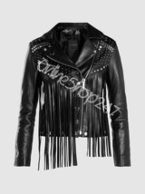 New Women Unique Western Style Full Silver Studded Fringes Biker Leather... - £234.67 GBP