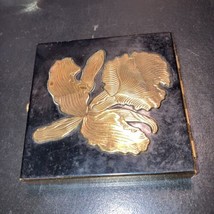 Vintage Enamaled Brass Square Compact w/ Embossed Orchid - $27.49