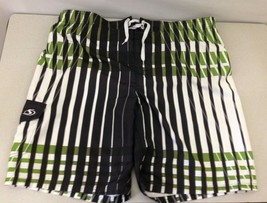 Sportek Men&#39;s Green Black Striped Size XL Mesh Lined Swim Shorts Trunks  - £7.88 GBP