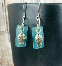 Blue Sea Beach Glass Dangle Earrings Fish Handmade Surgical Steel Ear Wire - £15.97 GBP