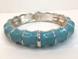 Premier Designs Wavy Aqua Blue Enamel Bamboo Silver Tone Hinged Bangle Bracelet - $13.00