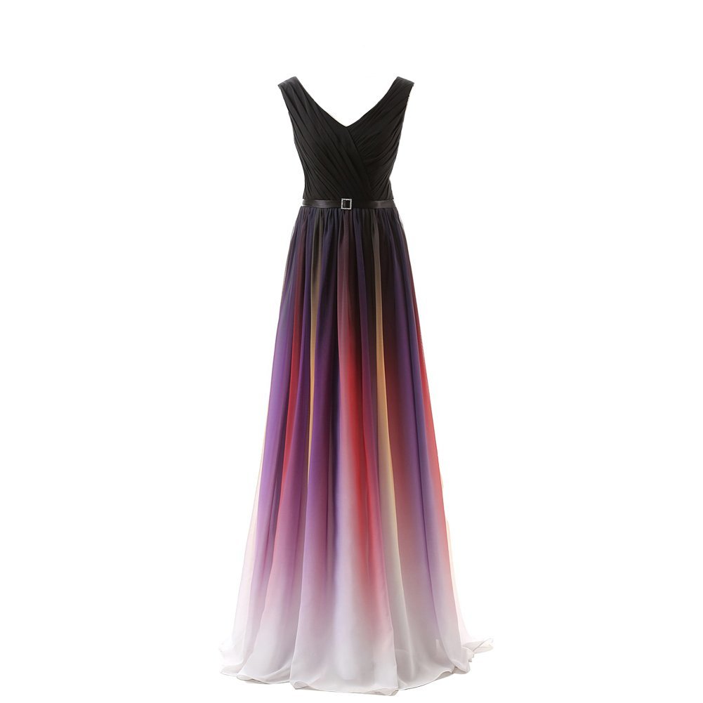 Kivary? Black V Neck Sash Gradient Ombre Chiffon Long Formal Prom Evening Dresse