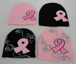 Knitted Beanie Pink Ribbon Breast Cancer Awareness Hat Women Pink Black ... - £6.25 GBP
