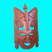 African Wooden Hand Carved Mask Humans And Elephant Carvings 16” Vtg - $42.08
