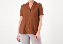 Susan Graver PURE Linen Blend Regular Button Front Shirt Toffee, Small - £27.62 GBP