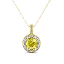 1.01 Carat Yellow Diamond Channel Halo Pendant Necklace + 18&quot; Chain 14K Gold - £959.86 GBP
