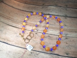Necklace Glass Orange w Purple Spacers Handmade Upcycled Toggle 20&quot; + - £9.63 GBP