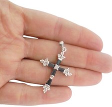 CROSS PENDANT CHARM plated in white gold 750 18K and with white crystals &amp; Onyx  - £27.52 GBP