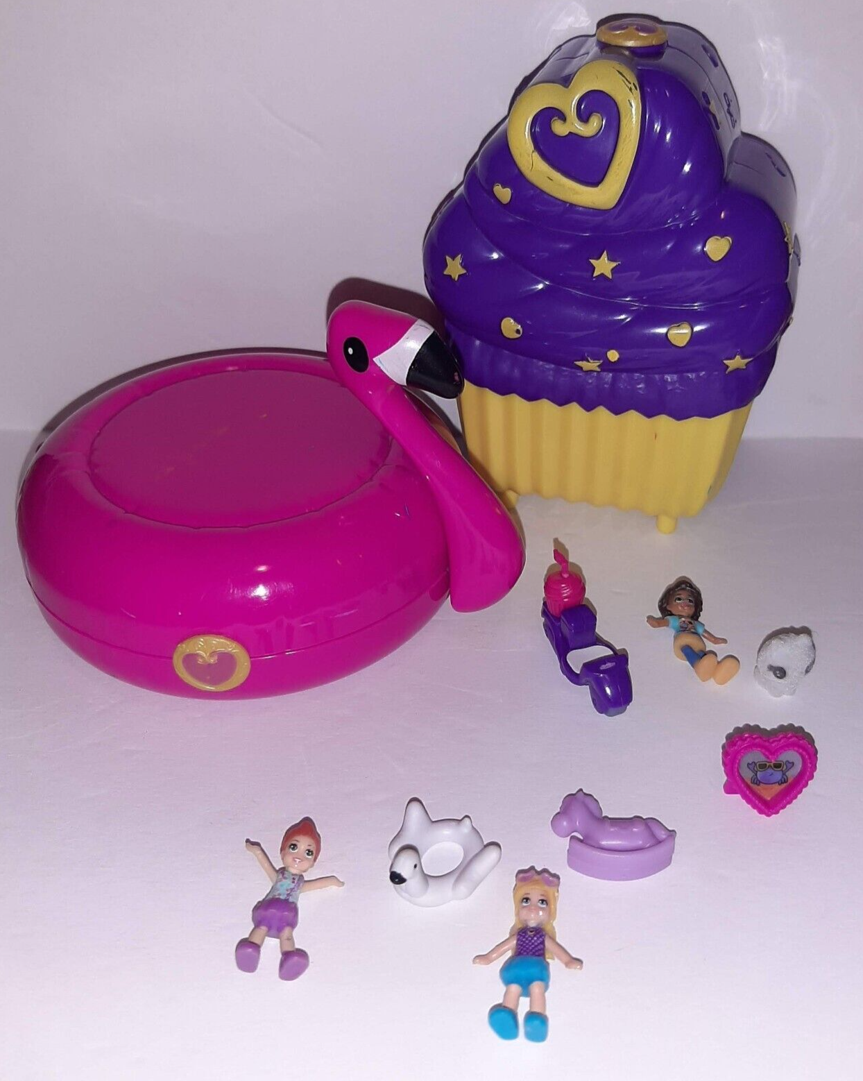 Polly Pocket Compact Pink Flamingo & Cupcake Sets w/Dolls & Accessories - £9.33 GBP