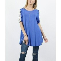 Blue Floral-Accent Boatneck Curved-Hem Tunic Size S - £16.77 GBP