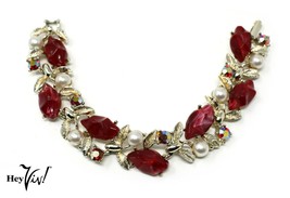 Vintage Rhinestone &amp; Pearl Bracelet - Fancy Leaf Design w Red Accents - ... - £22.02 GBP