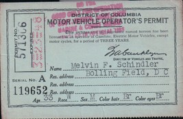 Vintage District Of Columbia Motor Vehicle Operator&#39;s Permit WWII 1940s - $2.99