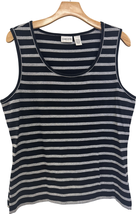 Chico’s Size L (2) Tank Top Black Silver Striped Cotton Blend - $13.27