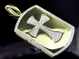 0.75Ct Round Cut Diamond Cross Centered Dog Tag Pendant 14K Yellow Gold Finish - £112.10 GBP