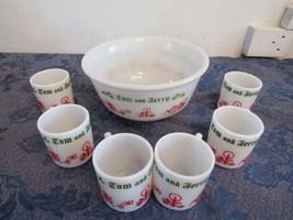 Vintage Tom and Jerry Hazel Atlas Punch Bowl Set 6 Cups Mid Century  - £65.74 GBP