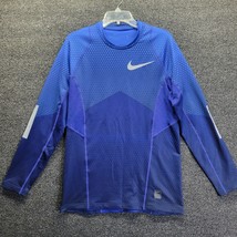 Nike Pro Hyperwarm Men’s Sz M Geometric Fitted Shirt BIG Swoosh Dri-Fit Blue - £30.43 GBP