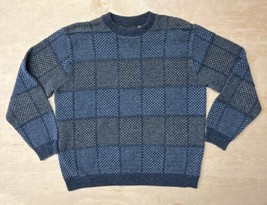 BILL BLASS XL Sweater Blue Square Pattern Knit Pullover Crew Neck Long Sleeve - £11.60 GBP