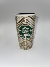2015 Starbucks 12 Oz Gold Chevron Mermaid Ceramic Travel Tumbler Mug With Lid - $15.09