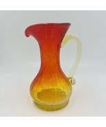 Pitcher Vase Crackle Glass Amberina Hand Blown Art Mini Vintage Red Yellow - $31.50