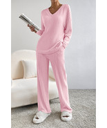Light Pink Ribbed Knit V Neck Slouchy Two-piece Outfit - $46.99 CAD