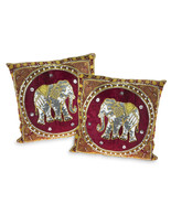 Elegant Thai Elephant Velvet and Pearls Set of 2 Square Pillow Covers - Red - £36.73 GBP