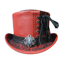 Steampunk Black Crusty Band Red Leather Top Hat - £253.84 GBP