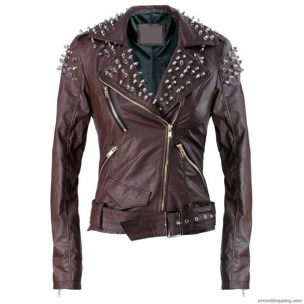 Women's Brown Handcrafted Genuine Leather Silver Spike Studs Belted Waist Jacket