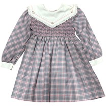 Vintage Polly Flinders Girls Plaid Smocked Dress With Lace Collar &amp; Bow ... - $26.88