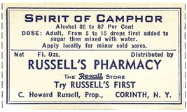 1 Vintage Gummed Label SPIRIT OF CAMPHOR Russell&#39;s Rexall Pharmacy Corni... - $28.11
